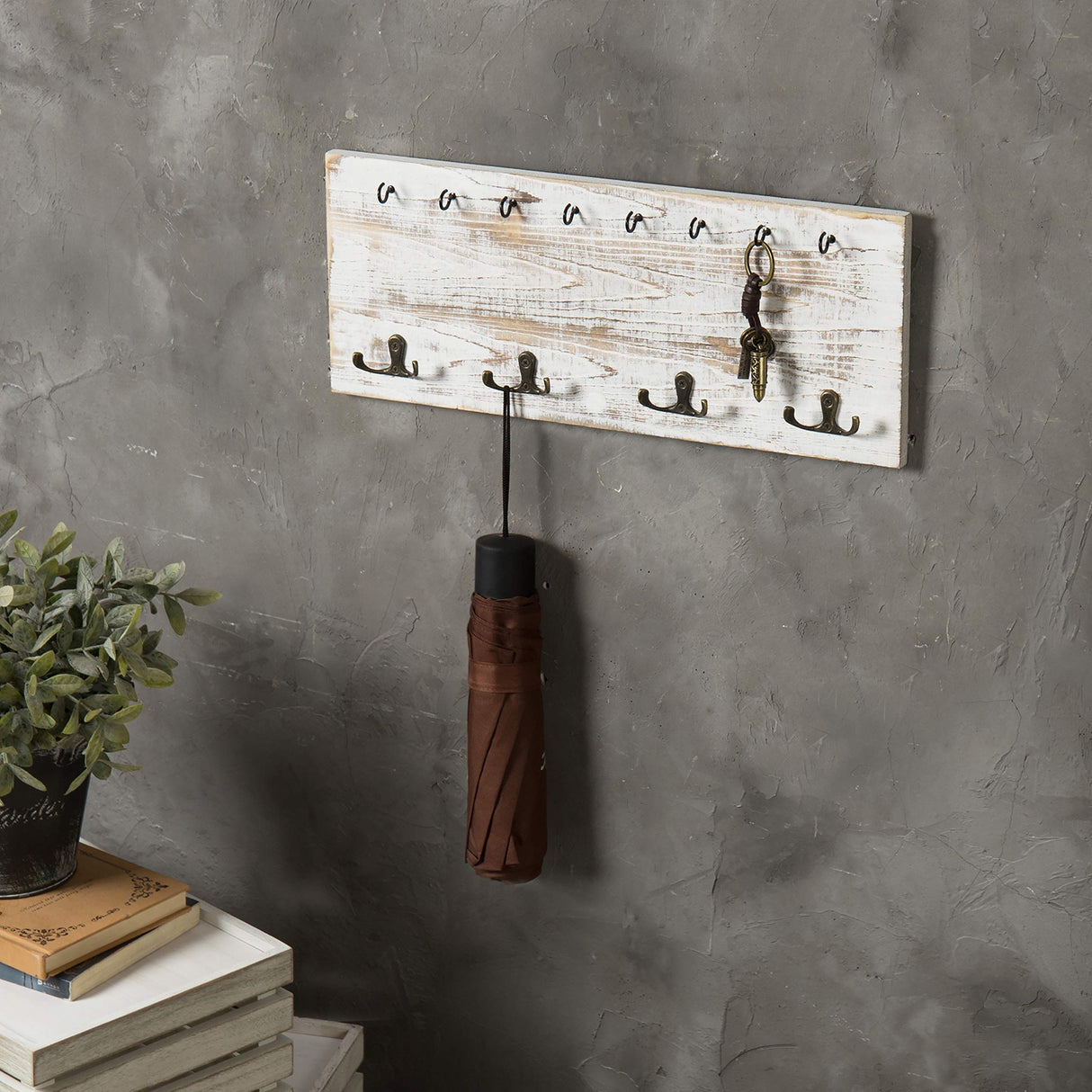 MyGift Coat and Key Hook Wall Organizer, Whitewashed Wood Mounted Coat and Key Holder Rack with 16 Hook, Farmhouse Entryway Hanging Organizer MyGift