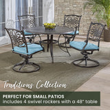 Hanover Traditions 5-Piece Rust Resistant Aluminum Patio Dining Set with Blue Cushions, Swivel Rockers and Aluminum Round Dining Table, Outdoor Dining Set for 4 Hanover