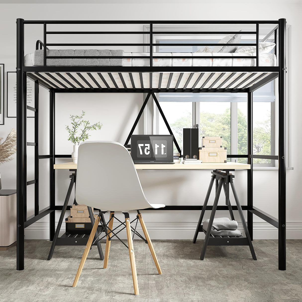 VECELO Twin Size Loft Bed with Full-Length Guardrails and Removable Ladder, Heavy-Duty Metal Frame, Space-Saving Design & Noise-Free, Black VECELO