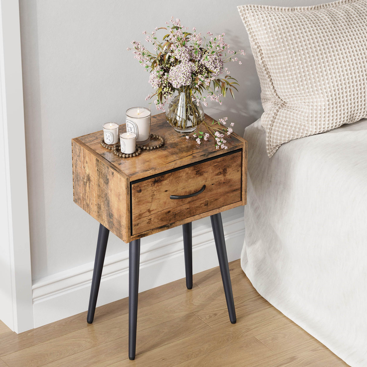 Small Nightstands Set of 2, Bedside Table with Fabric Drawer, Idustrial End Table with Metal Leg, Couch Side Table for Bedroom Living Room, Sofa, Office Rustic Brown LNT504R IRCPEN