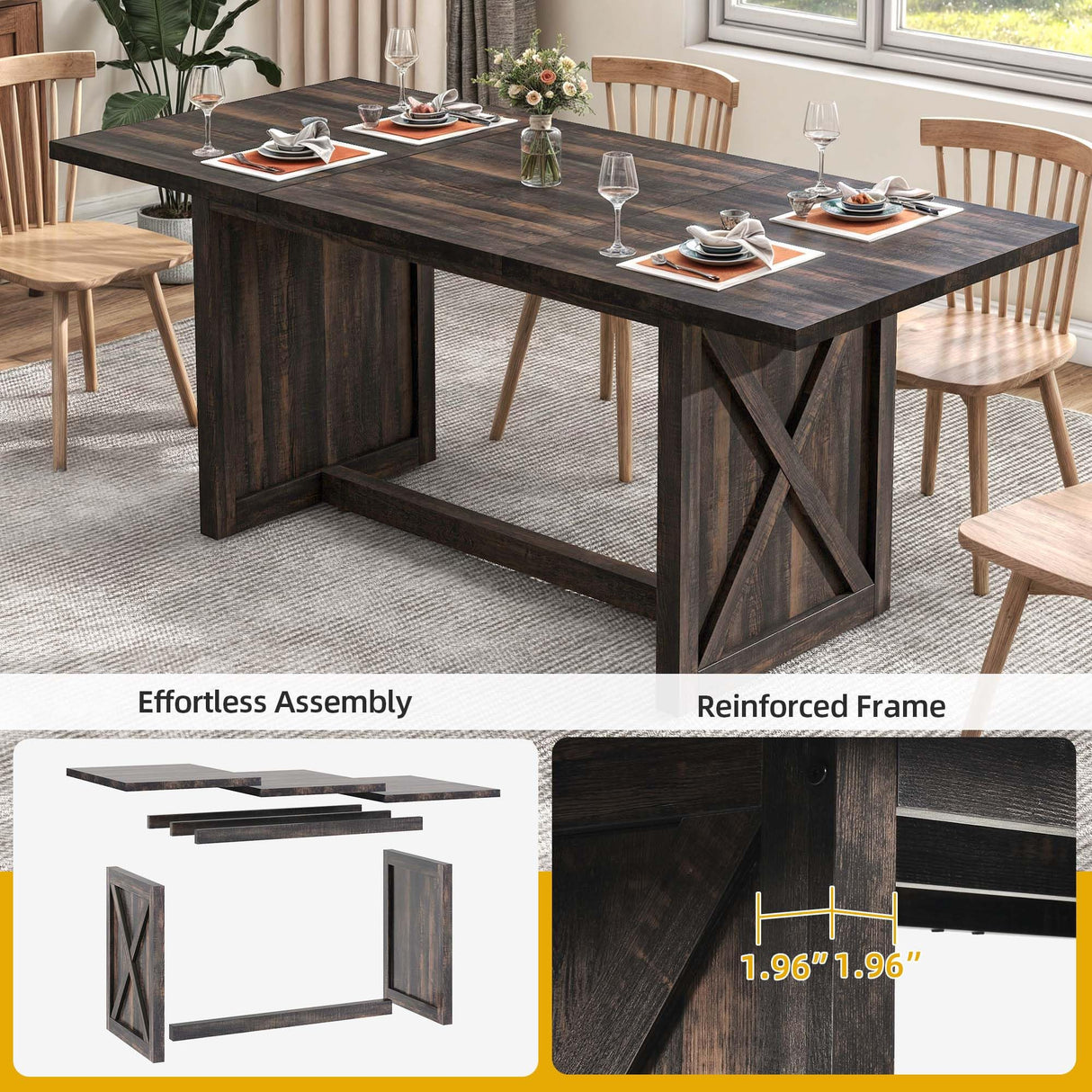 DWVO Farmhouse Large Dining Table for 6-8 People, 70.8 Inch Rectangular Wood Dining Table, Rustic Kitchen Dinner Table with X Solid Legs for Dining Room, Oak Grey DWVO