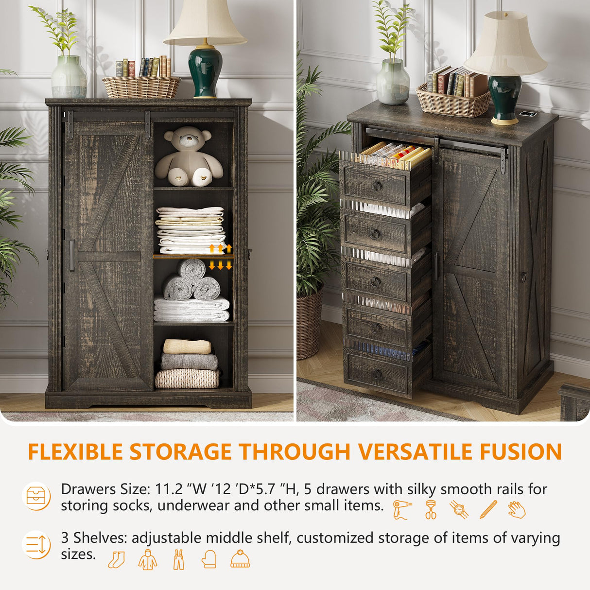 Farmhouse Dresser for Bedroom w/Sliding Barn Door, 5 Drawers Wood Dresser with LED Lights, Chest of Drawers Tall Dressers for Bedroom, Living Room, Hallway, Kids Room, Antique White TAGELIER