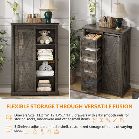 Farmhouse Dresser for Bedroom w/Sliding Barn Door, 5 Drawers Wood Dresser with LED Lights, Chest of Drawers Tall Dressers for Bedroom, Living Room, Hallway, Kids Room, Antique White TAGELIER