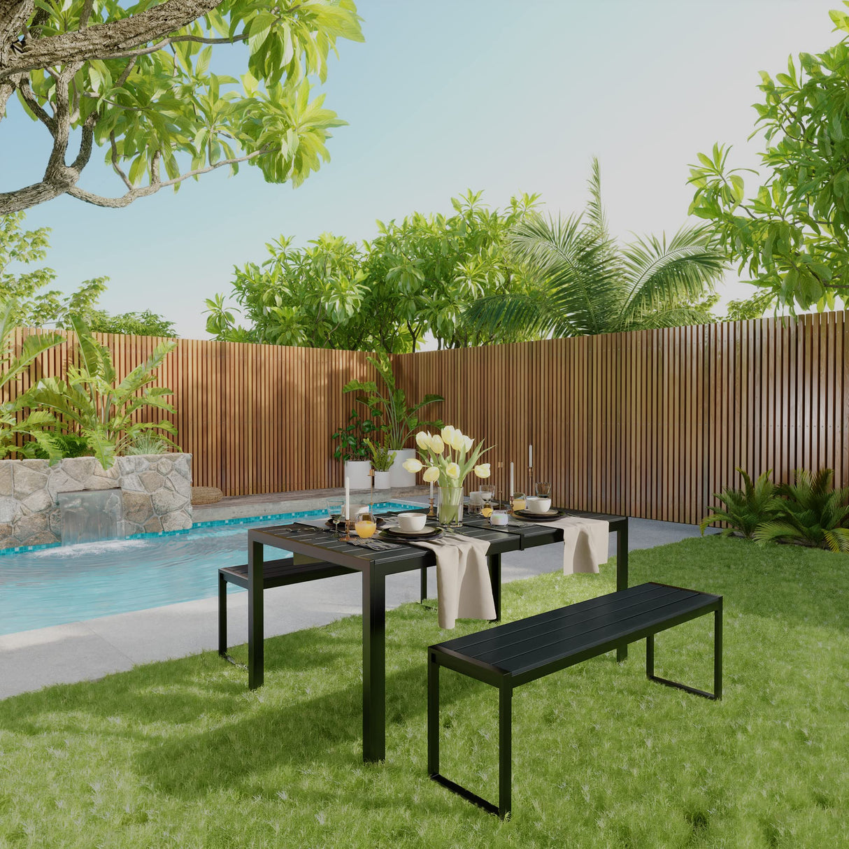 VICLLAX 3-Person Outdoor Bench 53" Long Garden Bench Metal Frame Backless Porch Patio Bench, Black VICLLAX