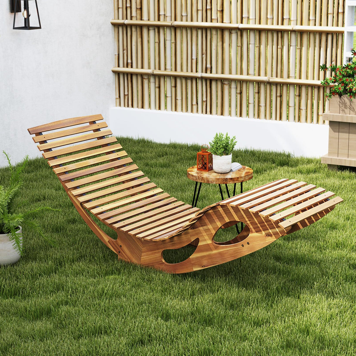 Tangkula Outdoor Chaise Lounge Chair, Acacia Wood Rocking Sun Lounger with Slatted Backrest and Seat, Wooden Rocker Lounge Chair for Patio, Garden and Poolside Tangkula