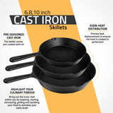 Utopia Kitchen Saute Fry Pan - Pre-Seasoned Cast Iron Skillets Set 3-Piece Frying Pan comprised of 6", 8", and 10" Cast Iron Pan - Easy Use in the Oven, Stove, Grill, or Campfire - Black Utopia Kitchen