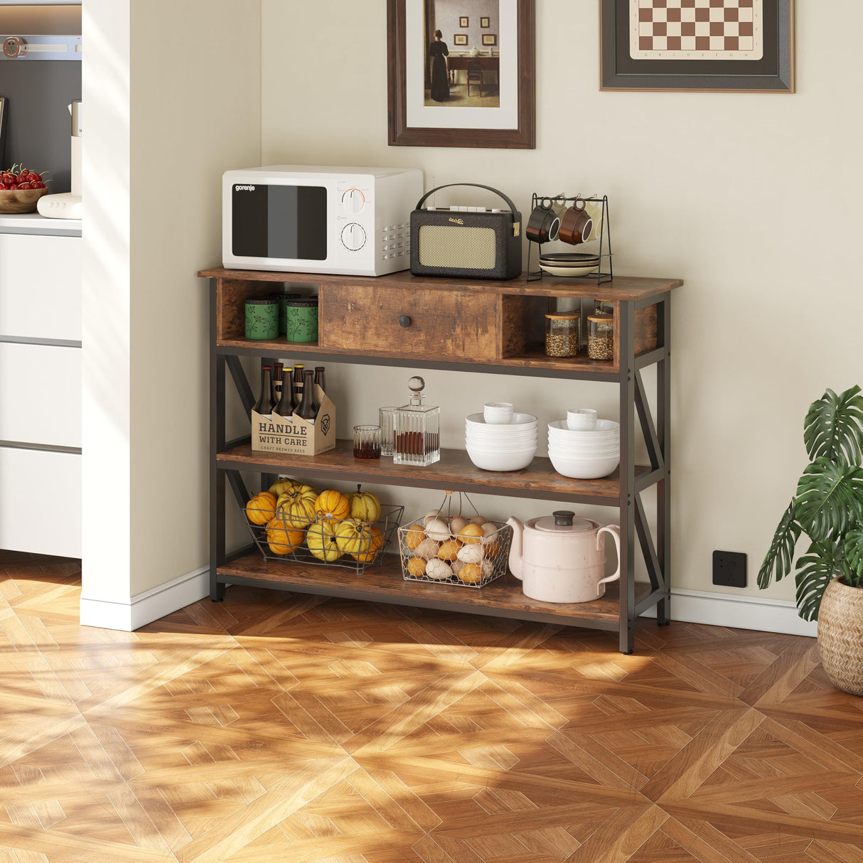 Mexin 39 Inch Console Sofa Table with Drawer, Entryway Table with Storage Shelves, Industrial Wood Hallway Table for Living Room Couch Foyer Kitchen Counter, Rustic Brown Mexin