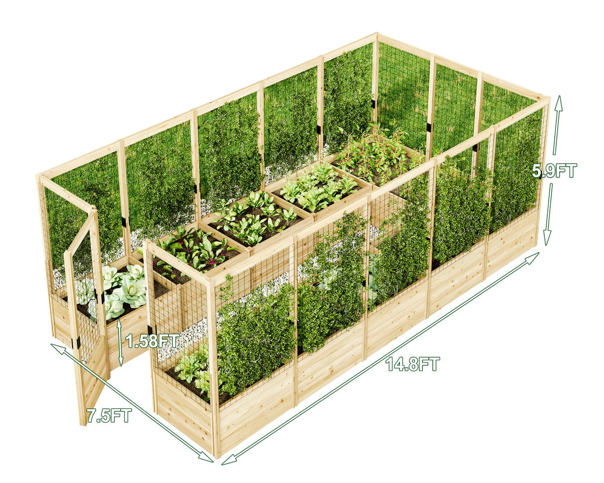 AMERLIFE U-Shaped Raised Garden Bed with Deer Proof Fence, 7.5Wx15Dx6H Outdoor Wooden Raised Garden Bed Planter with 19" Depth Planter Box AMERLIFE