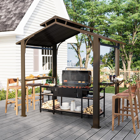 EROMMY 8' x 5' Hardtop Grill Gazebo, Outdoor Metal BBQ Gazebo with Double Galvanized Steel Gable Roof, Permanent Grill Canopy with Side Shelves for Patio Deck Lawn Backyard Garden (Brown) EROMMY