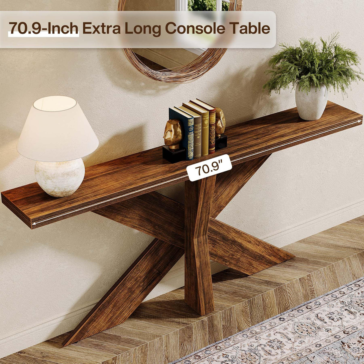 Tribesigns 70.9 Inches Long Sofa Table Behind Couch, Farmhouse Console Entry Table with Wooden Geometric Base for Entryway, Living Room, Brown Tribesigns