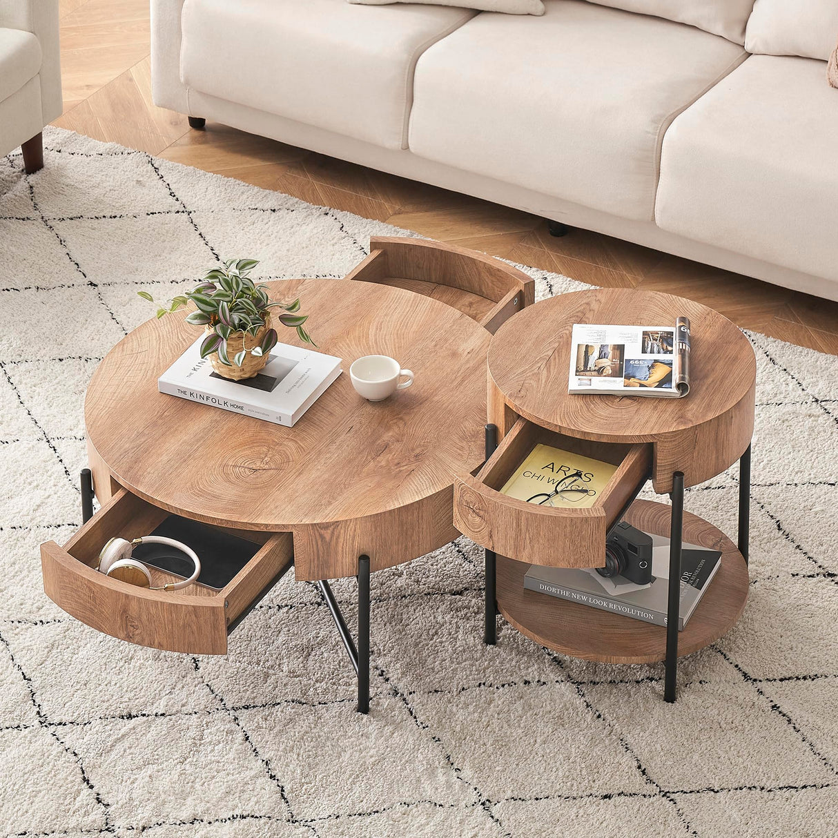 IDEALHOUSE Round Coffee Table Living Room Wood Center Table with Two Drawers Farmhouse Coffee Table Rustic Circle Cocktail Table Metal Legs, Easy Assembly, Natural IDEALHOUSE