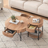 IDEALHOUSE Round Coffee Table Living Room Wood Center Table with Two Drawers Farmhouse Coffee Table Rustic Circle Cocktail Table Metal Legs, Easy Assembly, Natural IDEALHOUSE
