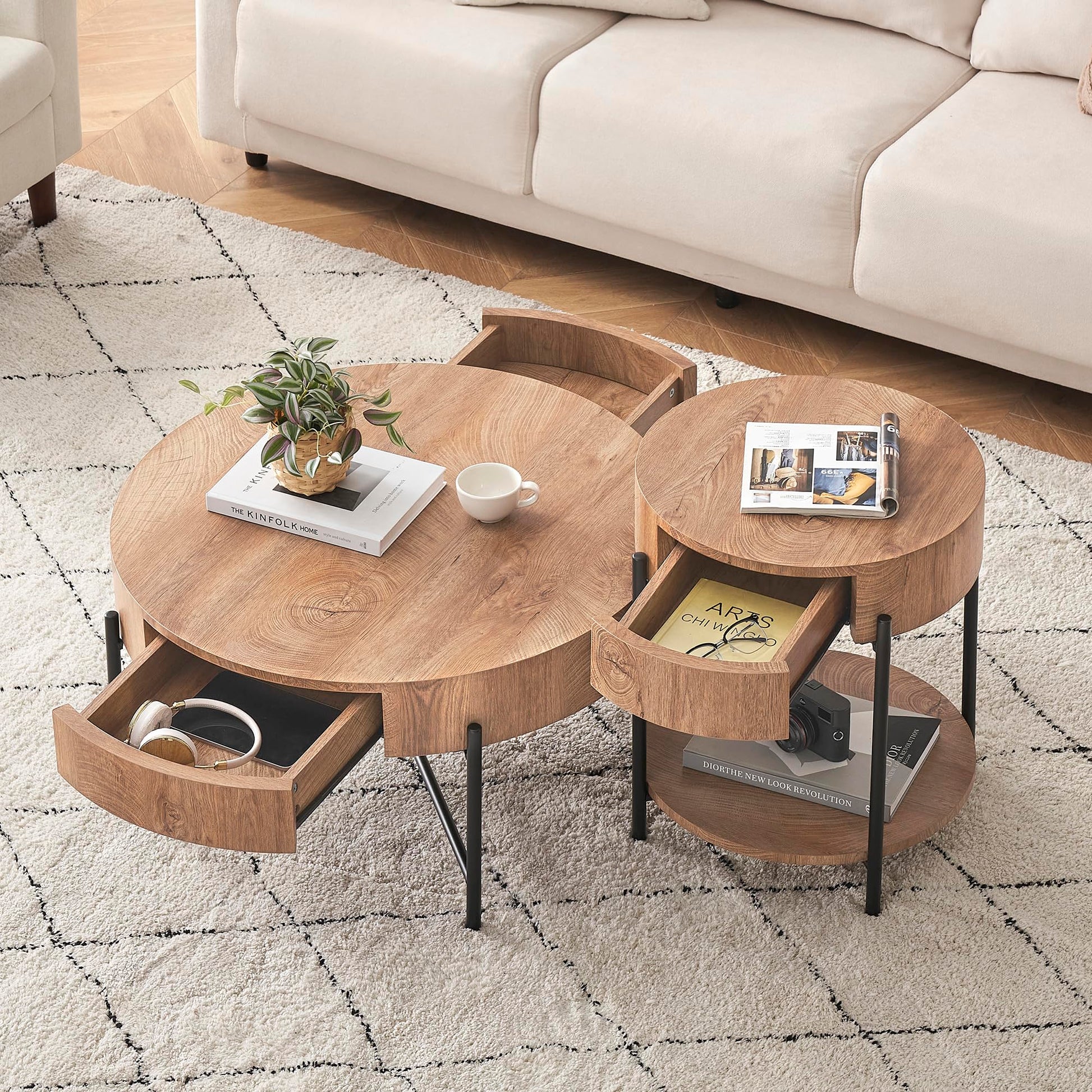 IDEALHOUSE Round Coffee Table Living Room Wood Center Table with Two Drawers Farmhouse Coffee Table Rustic Circle Cocktail Table Metal Legs, Easy Assembly, Natural - WoodArtSupply