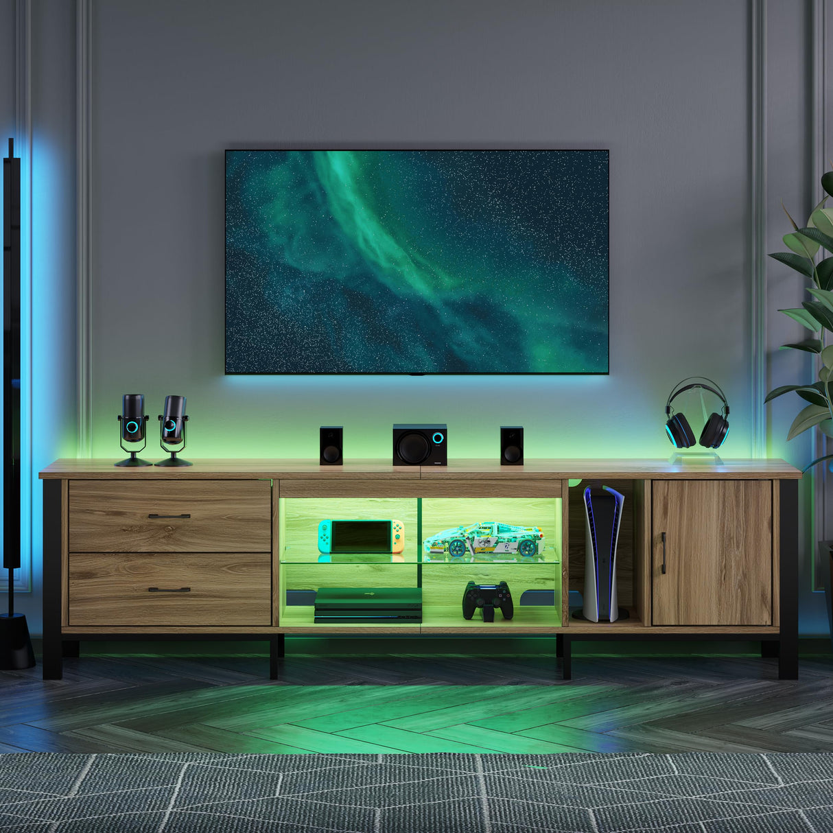 Bestier TV Stand for 75/80/85 inch TV, LED Gaming Entertainment Center, Modern TV Cabinet with Glass Shelves for Living Room, Media Console with 2 Storage Drawers & Cabinets for Bedroom, Pinewood Bestier