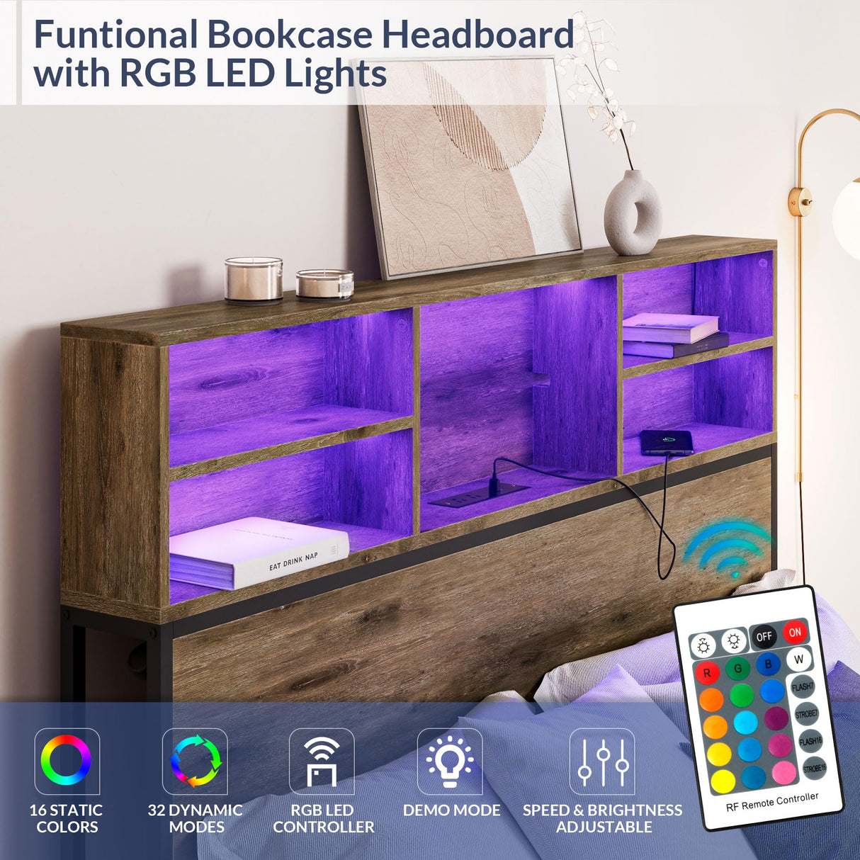 BELLEZE Riviera Full Size Bed Frame with Storage Headboard, RGB LED Light and Fast Charging Station BELLEZE