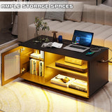 Lvifur 43'' Coffee Table with LED Lights & Charging Station, 3 Color Dimmable Auto Sensor Dining Table with 2 Storage Shelf and 1 Drawer,Farmhouse Center Table for Living Room(Black) Lvifur