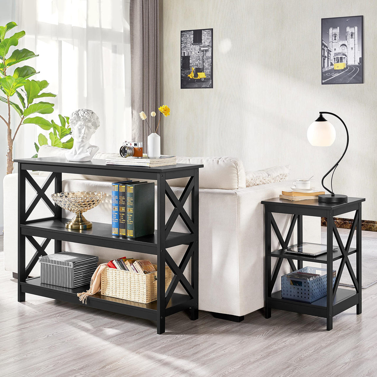 Yaheetech Modern 3-Tier Black Console Table with Storage Shelves Yaheetech