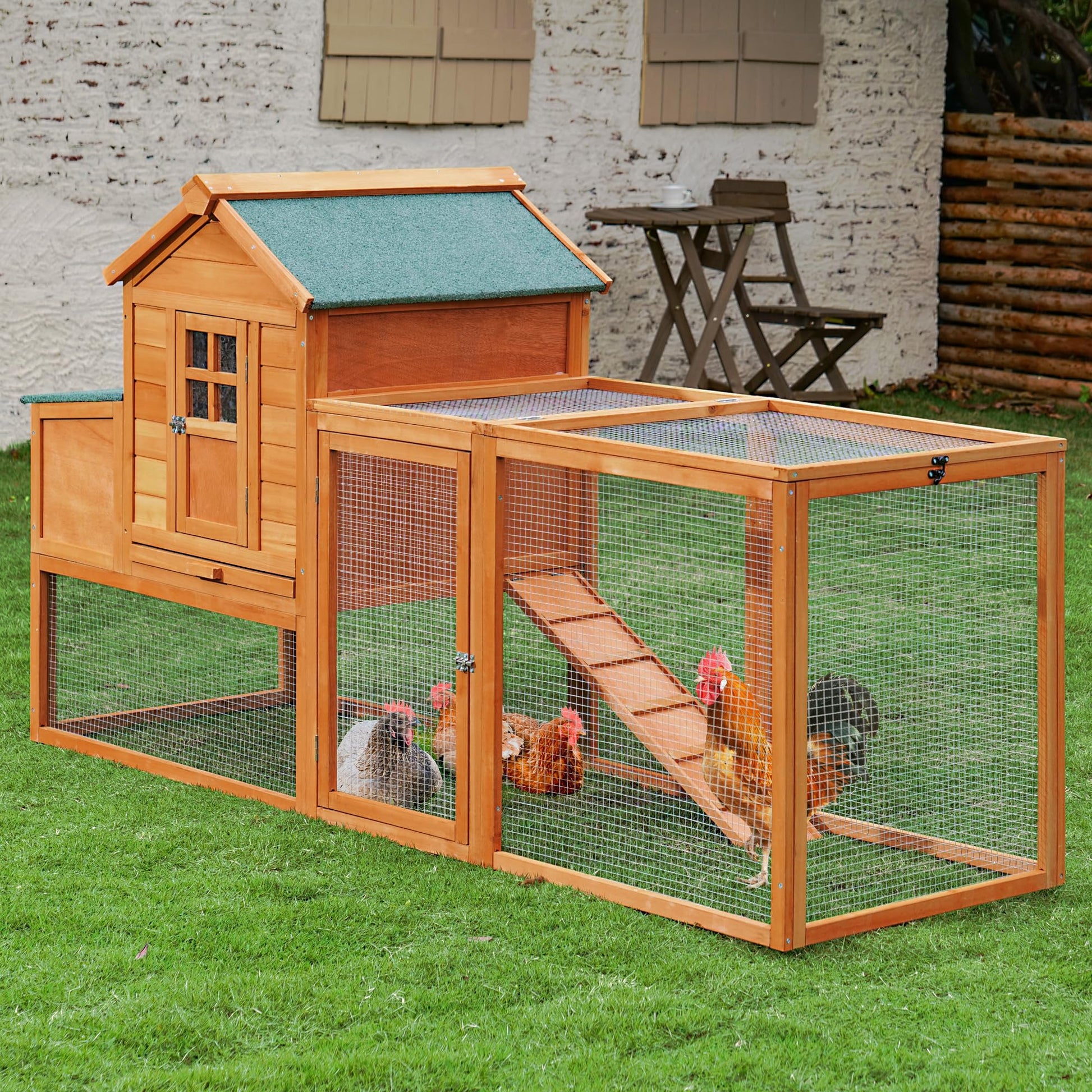 Breltam 79" Chicken Coop Hen House Wooden Chicken House Poultry Cage with Run, Nesting Box, Removable Tray for Outdoor - WoodArtSupply