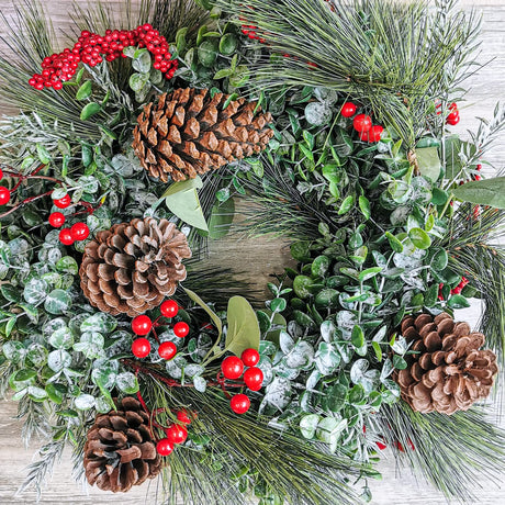 Winlyn 6' Long Artificial Eucalyptus and Pine Christmas Garland with Pine Cones Red Berries Pine Needles Winter Greenery Garland Christmas Season Holiday Wedding Table Runner Centerpiece Mantel Decor Winlyn