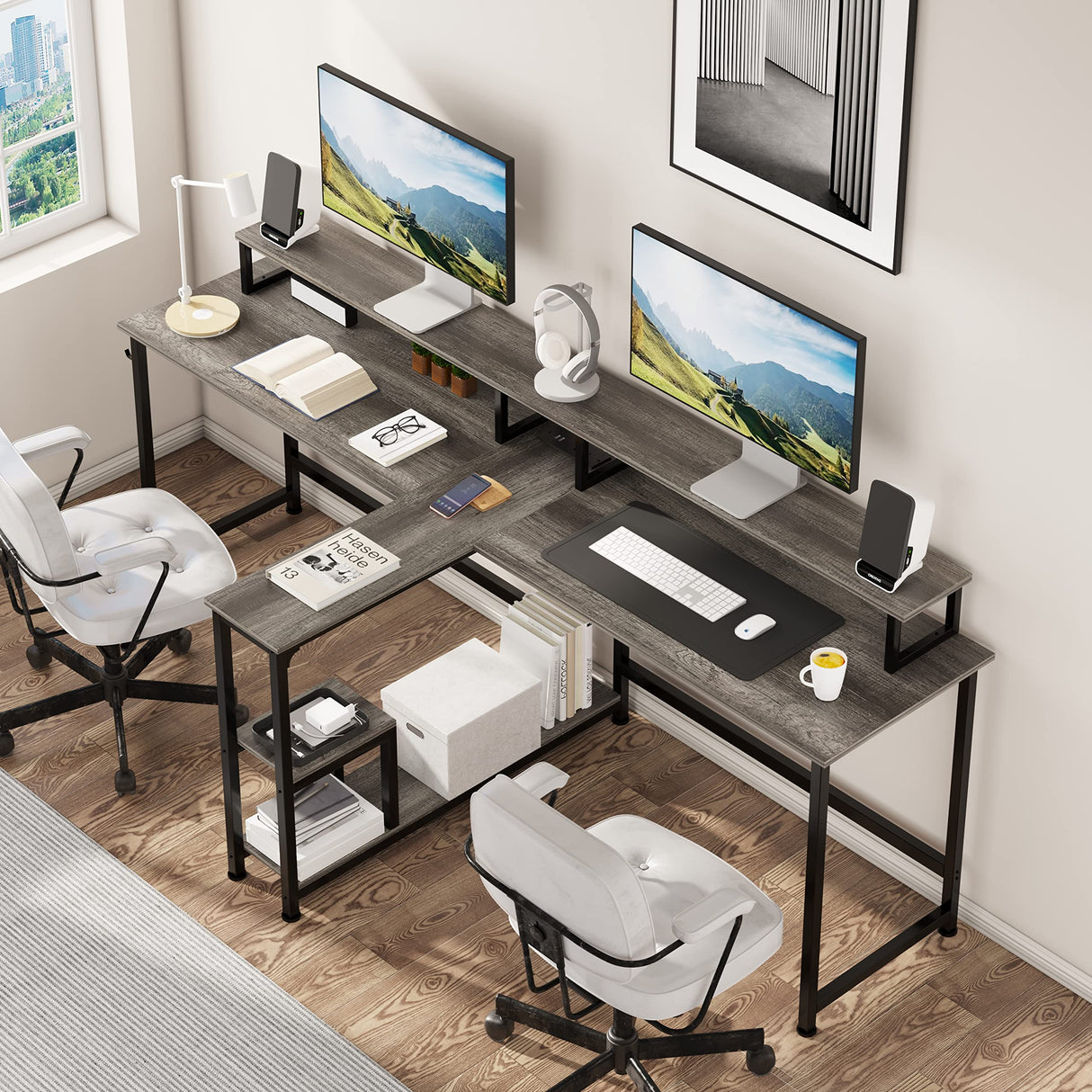 Mexin Two Person Desk-83.7 Inch Double Computer Desk with Monitor Stand and Power Outlets, Office Desk with Storage Shelves, Long Workstation Desk for Home Office, Gray Oak Mexin