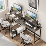 Mexin Two Person Desk-83.7 Inch Double Computer Desk with Monitor Stand and Power Outlets, Office Desk with Storage Shelves, Long Workstation Desk for Home Office, Gray Oak Mexin