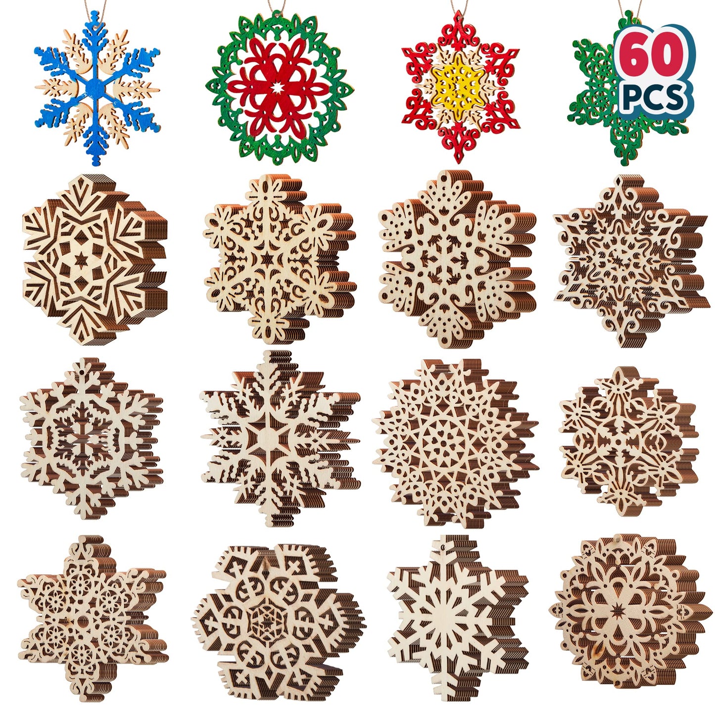 Joiedomi 60pcs Wooden Snowflake Ornaments for Christmas Tree Decoration and Holiday Party Decor