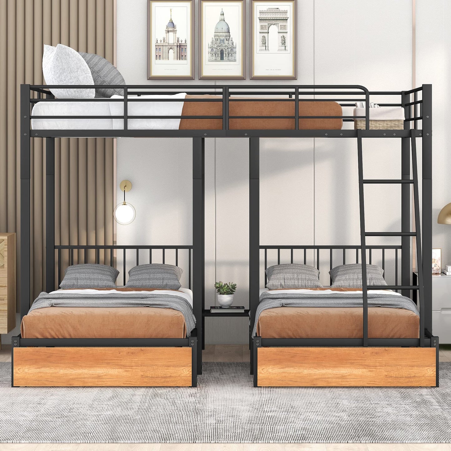 Harper & Bright Designs Metal Triple Bunk Bed with Drawers and Guardrails, Full Over Twin & Twin Bunk Bed for 3, Space-Noise Free, No Box Spring Needed - Black