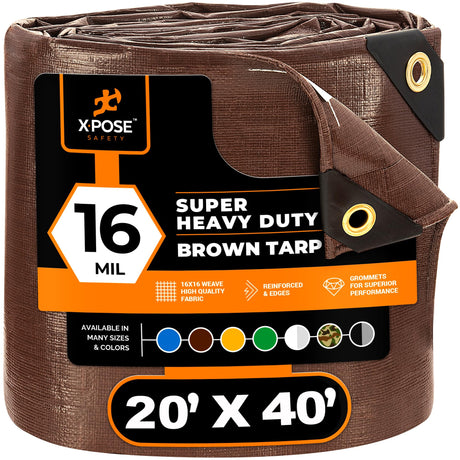 20' x 40' Super Heavy Duty 16 Mil Brown Poly Tarp Cover - Thick Waterproof, UV Resistant, Rip and Tear Proof Tarpaulin with Grommets and Reinforced Edges - by Xpose Safety Xpose Safety