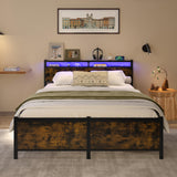 Bellemave Full Size Bed Frame with Charging, Full Size Bed Frame with Headboard and Charging Station, Brown Platform Bed Frame with Led Lightstation, No Box Spring Needed, (Full, Rustic Brown) Bellemave