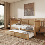 BEDGJH Traditional Style Twin Daybed with Twin Size Trundle, Rattan Wood Bed Frame for Limited Space, Guest Room, No Box Spring Needed (Antique Walnut, Twin/Trundle) BEDGJH