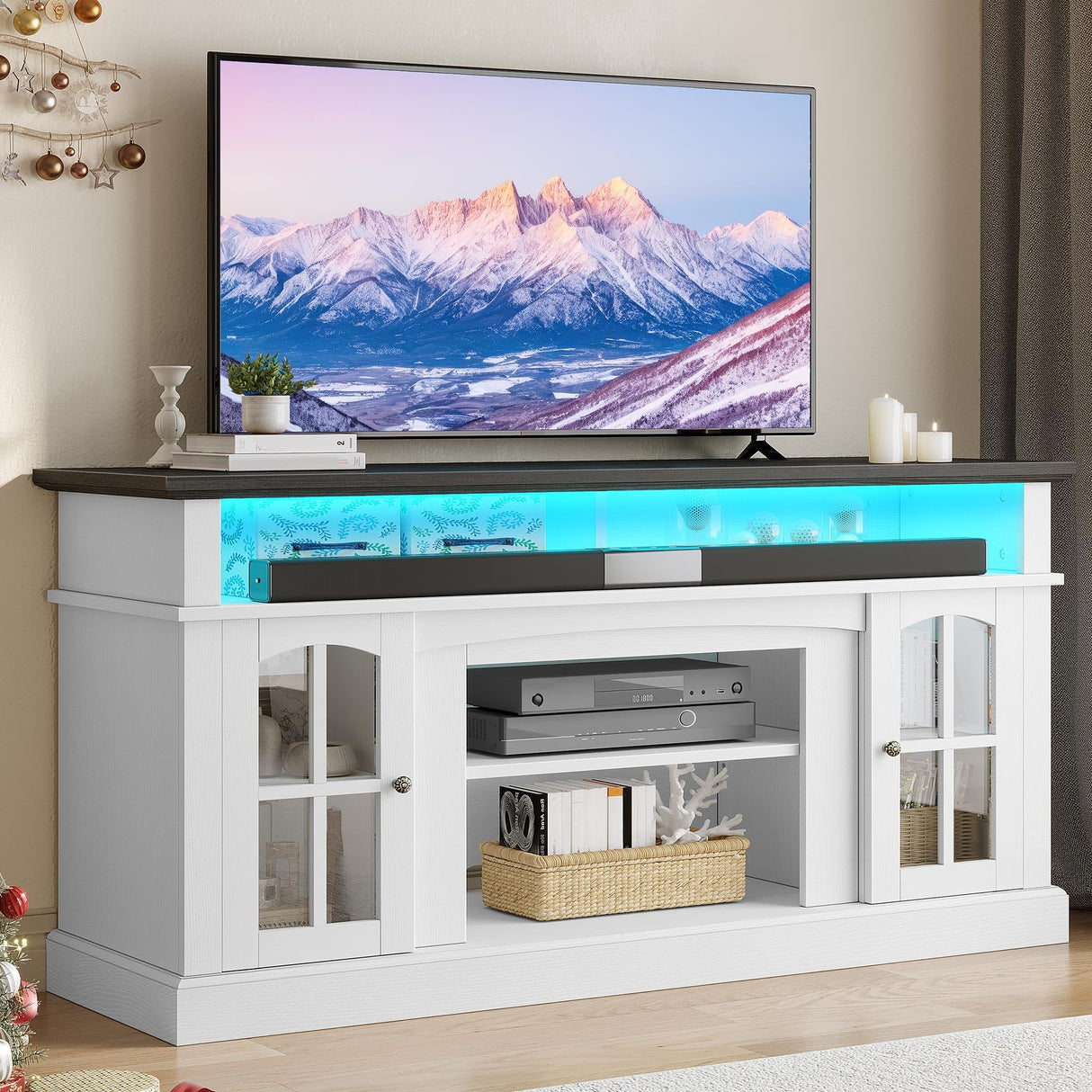 YITAHOME LED Farmhouse TV Stand for 65 Inch w/Outlets, Modern Entertainment Center with Glass Doors and Adjustable Storage Shelves, Media Console TV Cabinet for for Living Room, White/Black YITAHOME