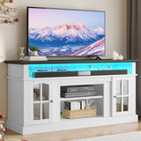 YITAHOME LED Farmhouse TV Stand for 65 Inch w/Outlets, Modern Entertainment Center with Glass Doors and Adjustable Storage Shelves, Media Console TV Cabinet for for Living Room, White/Black YITAHOME