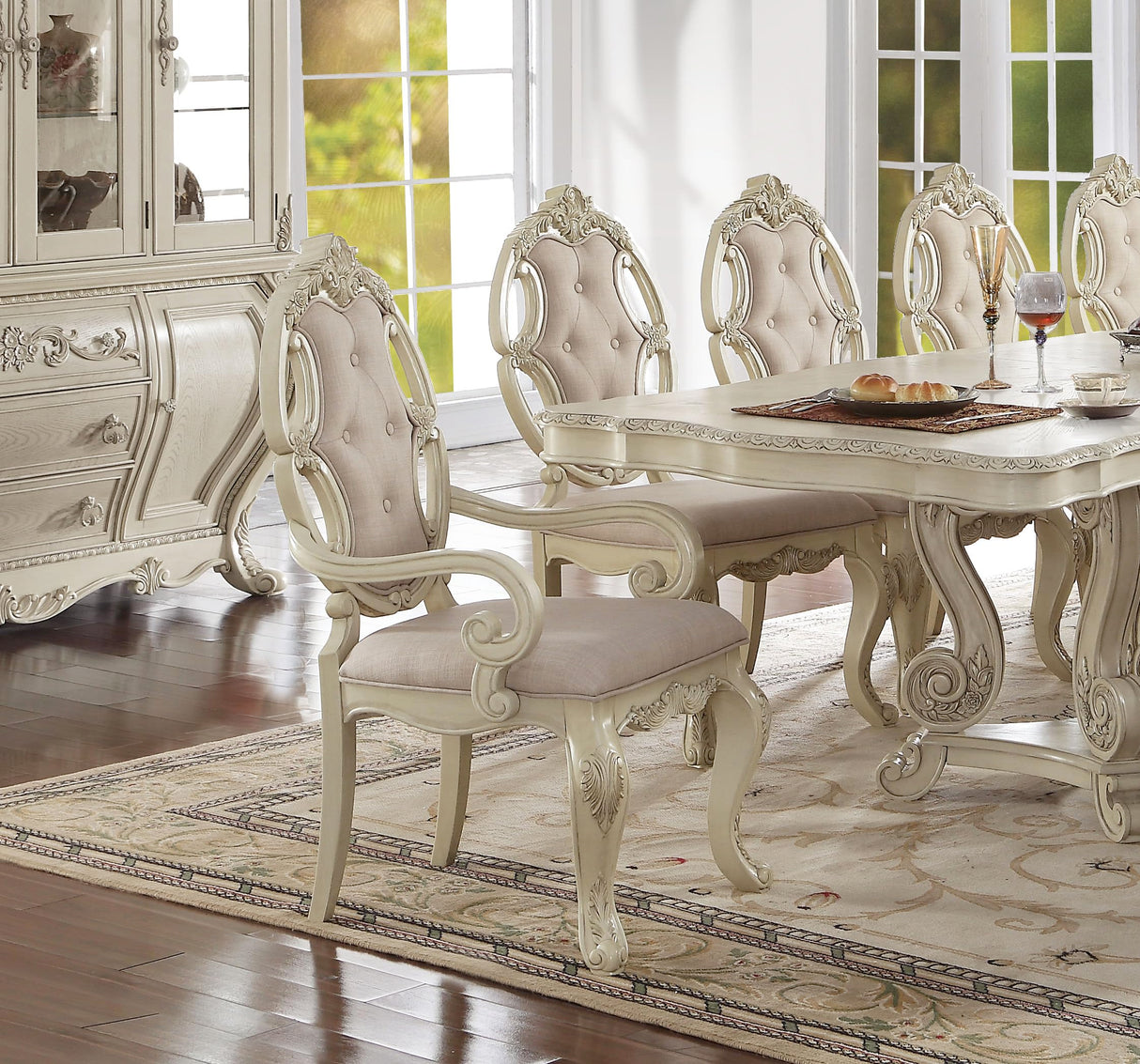 Kitchen Furniture Set 11pc Formal Dining Table Set includes 1 Table, 8 Side Chairs and 2 Arm Chairs, Set for 10 Persons (Antique White) WoodArtSupply