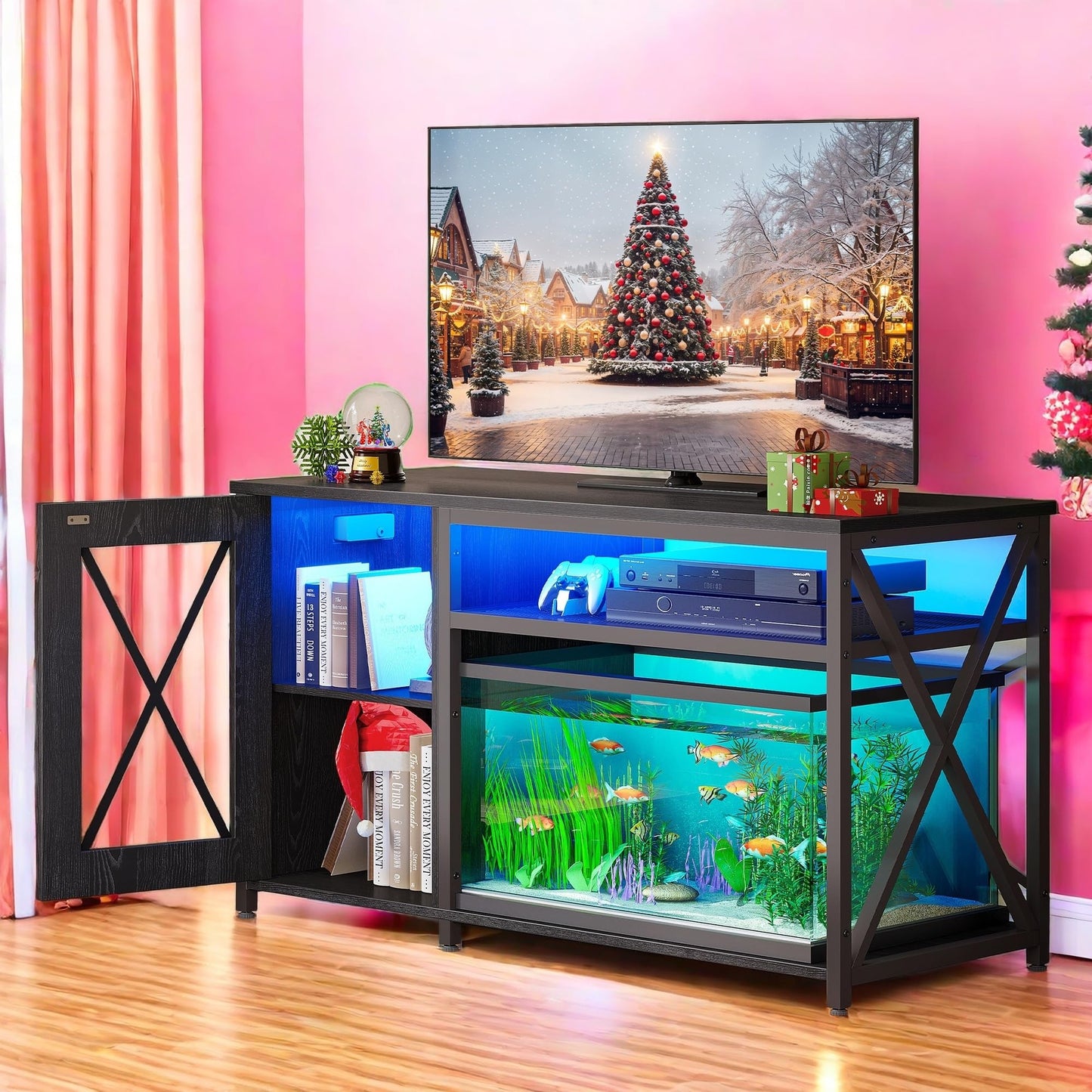 YITAHOME Fish Tank Stand with Power Outlets & LED Light, 55-75 Gallon Metal Aquarium Stand with Cabinet for Fish Tank Accessories Storage for Turtle Tank, Reptile Terrarium, 860LBS Capacity, Black