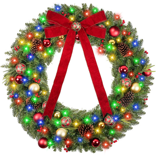 Vlorart 48 Inch Pre-lit Large Christmas Wreath with 200 LED Lights for Outside of House, Artificial Prelit Outdoor Wreath for Christmas Holiday Decoration for Door with Bow, Pine Cones, Ornament Balls