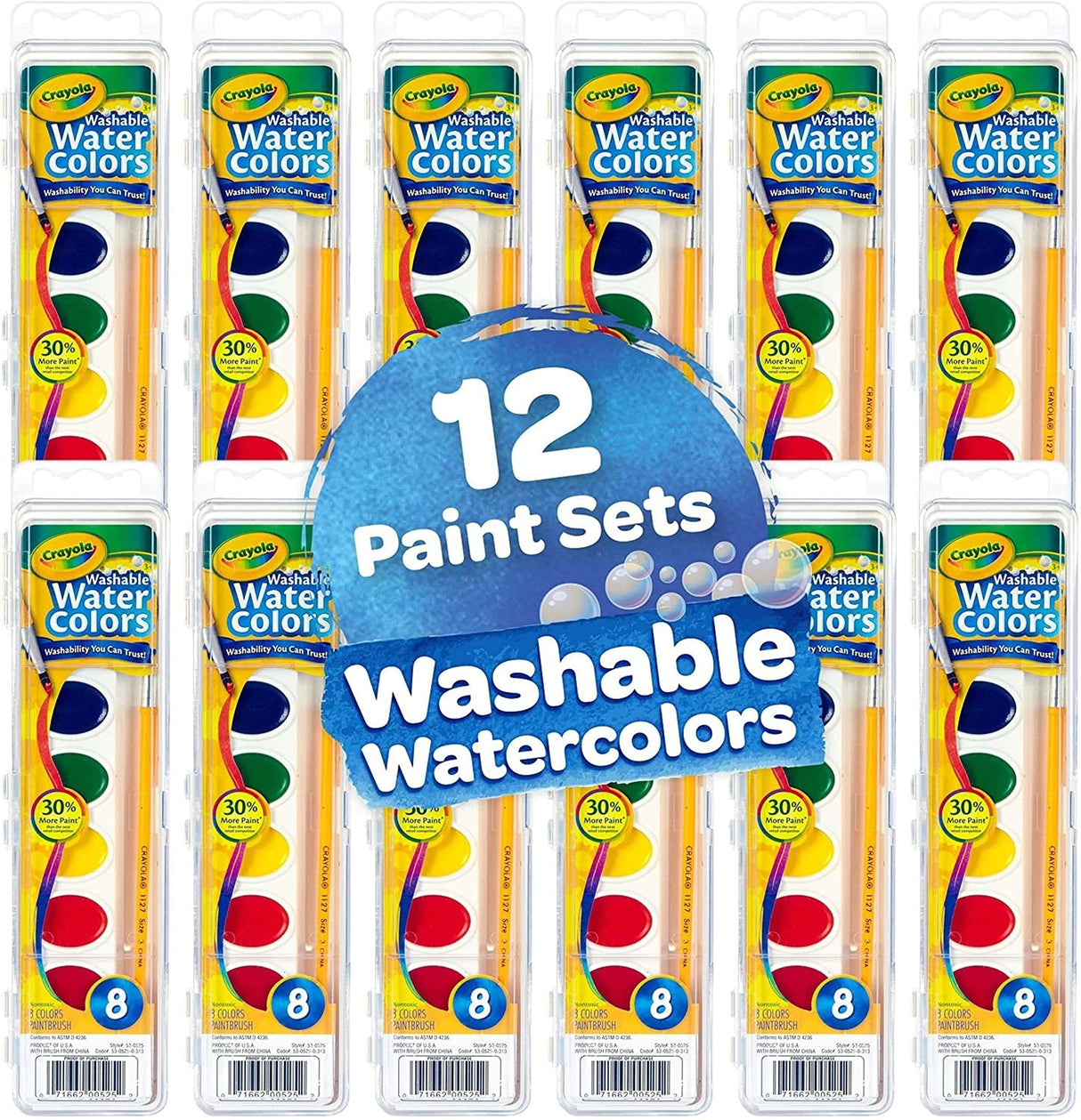 Crayola Washable Watercolor Paint Sets for Kids (12ct), Bulk Arts & Crafts Supplies, 8 Paint Colors, Brush Included, Easter Basket Stuffers & Gifts Crayola