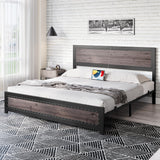 Curtainboro King Size Bed Frame with Charging Station, Bed Frames with Modern Industrial Wood & Rivet Design, No Box Spring Needed, Quick 15-Min Assembly Curtainboro