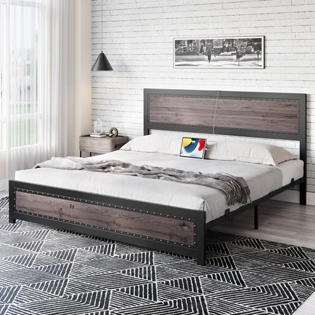 Curtainboro King Size Bed Frame with Charging Station, Bed Frames with Modern Industrial Wood & Rivet Design, No Box Spring Needed, Quick 15-Min Assembly Curtainboro