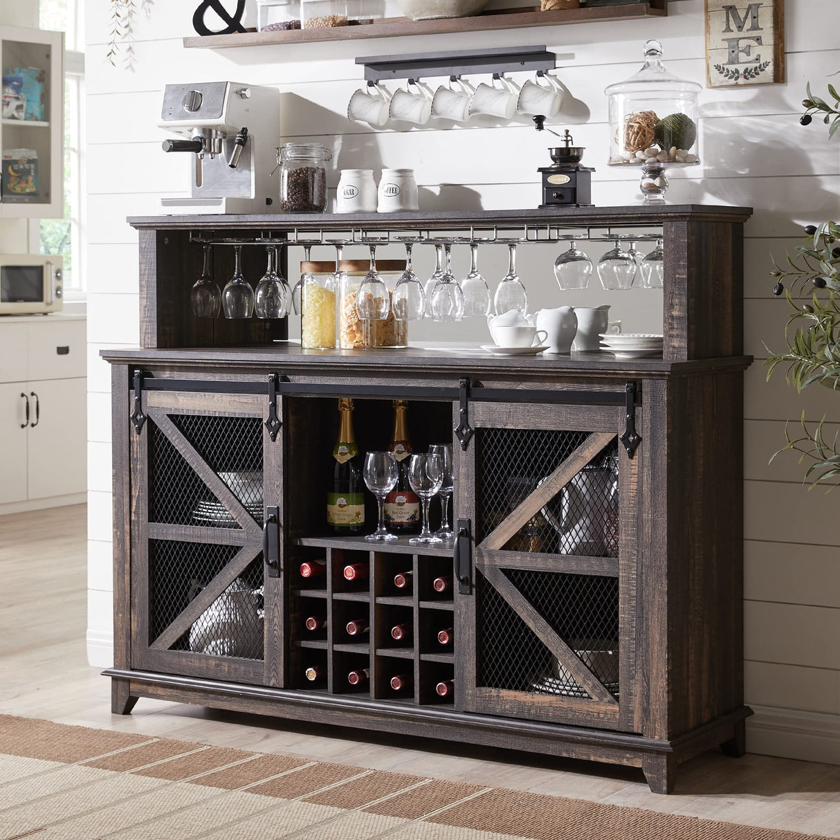 OKD Farmhouse Coffee Bar Cabinet with LED Lights, 55" Sideboard Buffet Table w/Sliding Barn Door & Wine and Glass Rack, Home Liquor Bar w/Storage Shelves for Dining Room,Dark Rustic Oak OKD