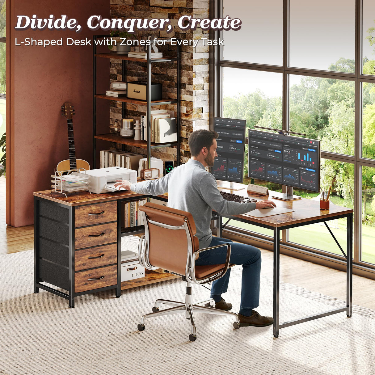 PRAISUN 53" L Shaped Desk with Power Outlets and USB-C Port, Reversible Computer Corner Office Desk with 4 Fabric Drawers and 2 Height-Adjustable Shelves, Large for Gaming Writing Study, Rustic Brown PRAISUN