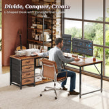 PRAISUN 53" L Shaped Desk with Power Outlets and USB-C Port, Reversible Computer Corner Office Desk with 4 Fabric Drawers and 2 Height-Adjustable Shelves, Large for Gaming Writing Study, Rustic Brown PRAISUN