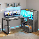 DWVO L Shaped Desk with Drawers & Power Outlets, 55" Computer Desk with Bookshelf, Corner Desk Home Office Desk with Storage Shelves & LED Lights, Grey DWVO
