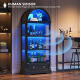Black Curio Cabinet with Glass Doors, 72" Tall Arched Display Cabinet with Human Sensor Lights, 4-Tier Display Case for Collectibles Bookcase Living Room Dystler