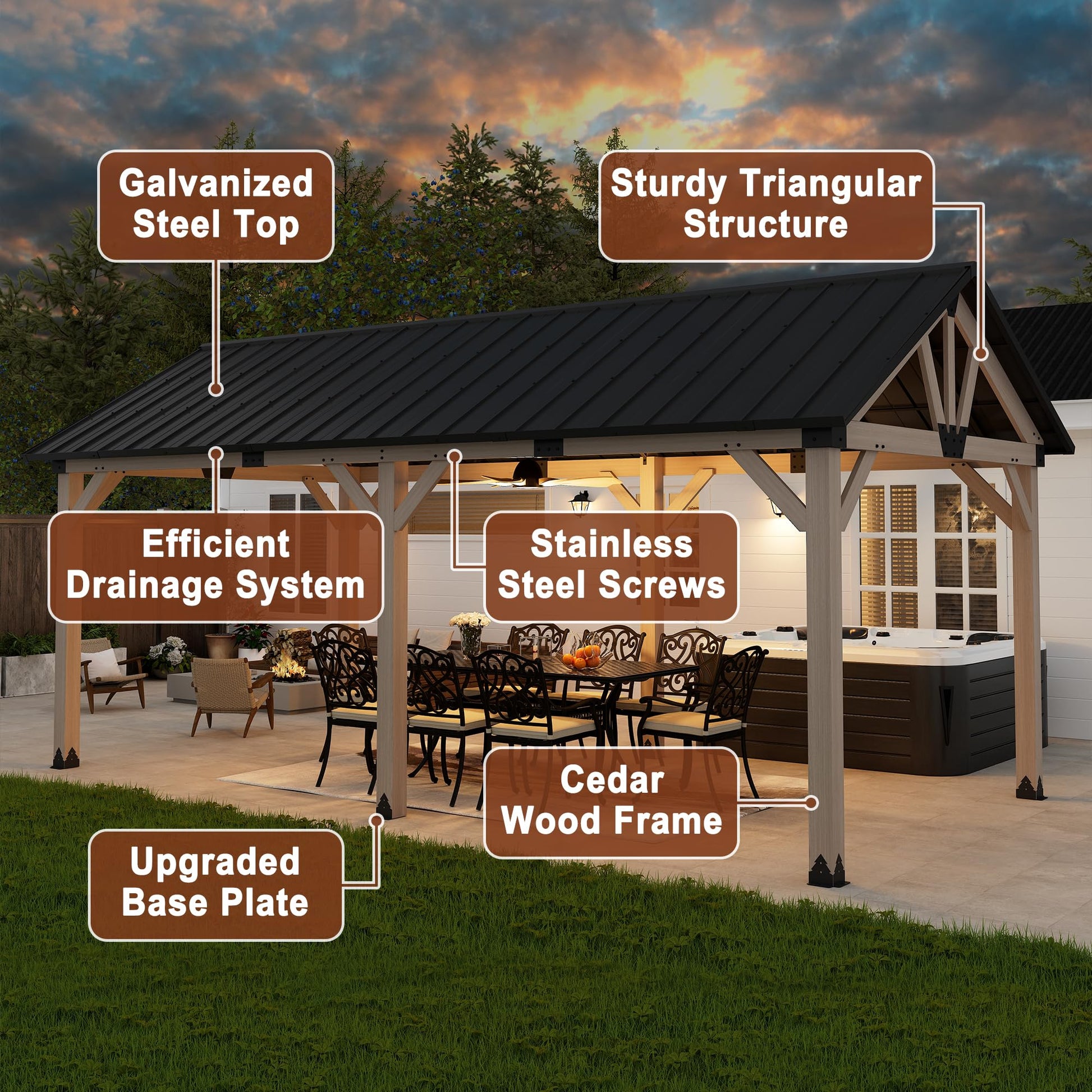 MONDAWE 12 x 20 ft. Wood Gazebo Cedar Framed Wooden Gazebo Patio Steel Hardtop Gazebo with Galvanized Steel Gable Hardtop Roof for Patio Lawn Backyard, Black Roof + Dark Wood Frame - WoodArtSupply