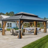 YITAHOME 12x18ft Gazebo Double Roof Hardtop Canopy Outdoor Heavy Duty w/Nettings and Curtains, Upgraded Aluminum Column Galvanized Steel Vertical Stripes Roof for Patio, Backyard, Deck, Lawns, Brown YITAHOME