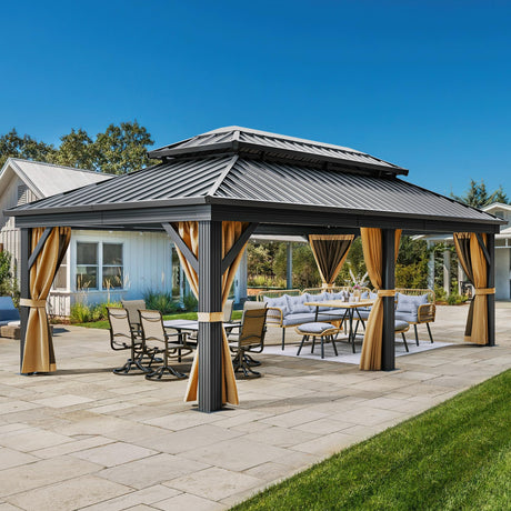 YITAHOME 12x18ft Gazebo Double Roof Hardtop Canopy Outdoor Heavy Duty w/Nettings and Curtains, Upgraded Aluminum Column Galvanized Steel Vertical Stripes Roof for Patio, Backyard, Deck, Lawns, Brown YITAHOME