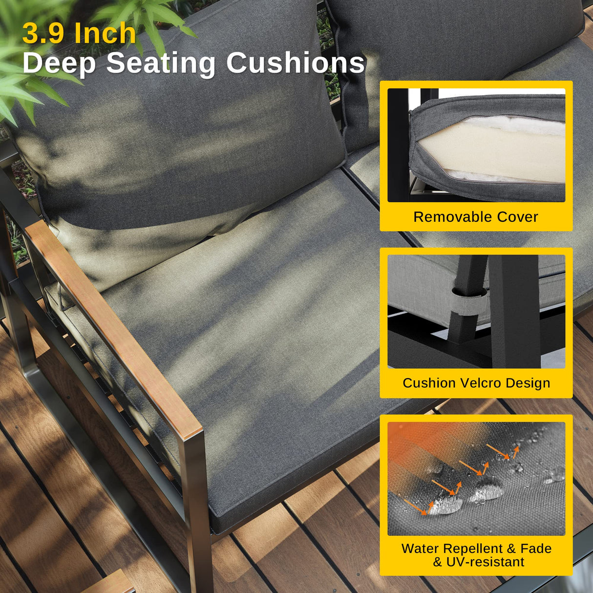 EAST OAK Patio Furniture Set, 4-Piece Outdoor Patio Set with Sofa, Removable & Washable Deep Seating Cushion, Tempered Glass Table, Outside Patio Conversation Sets, Dark Gray & Black EAST OAK