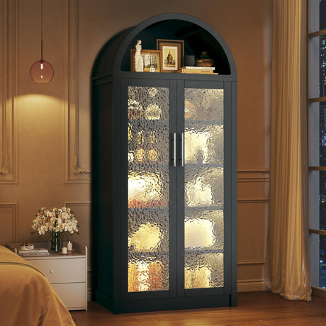 HUAHUU Arched Display Cabinet with Glass Doors, 6-Tier Curio Cabinet with 3 Color Lights for Collectibles, 71" Tall Glass Display Case with Adjustable Shelves, Storage Cabinet for Living Room, Black HUAHUU