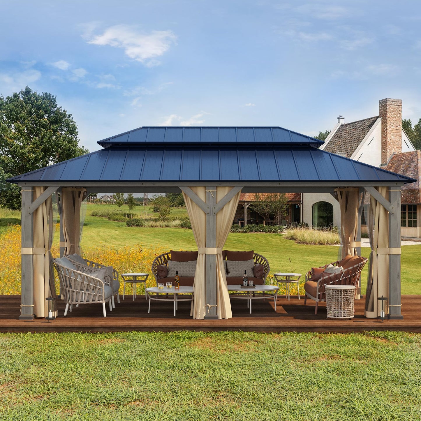 MELLCOM 12' x 20' Outdoor Hardtop Gazebo, Cedar Wood Framed Gazebo with Powder Coated Metal Roof for Gardens, Patios, Lawns,Vintage grey - WoodArtSupply