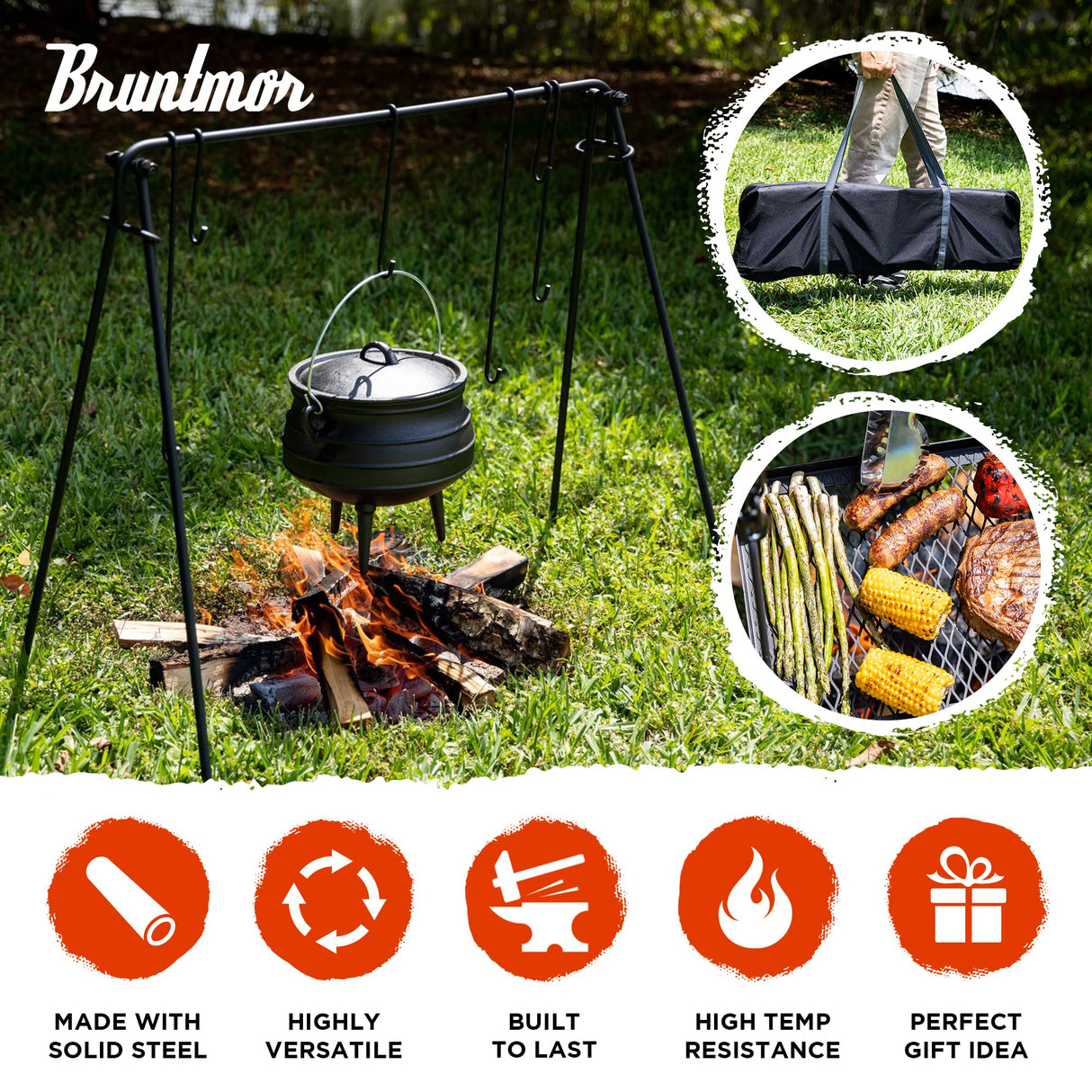 Bruntmor Grill Swing Campfire Cooking Stand BBQ Grill for Cookware & Dutch Oven Adjustable Collapsible Legs with Hooks & Accessories & Carrying Case Black Bruntmor